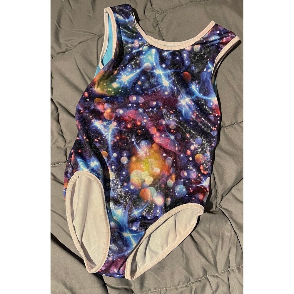 Girls Gymnastics Leotard Shiny Galaxy Print Size 6A (5-6yrs) Activewear EUC